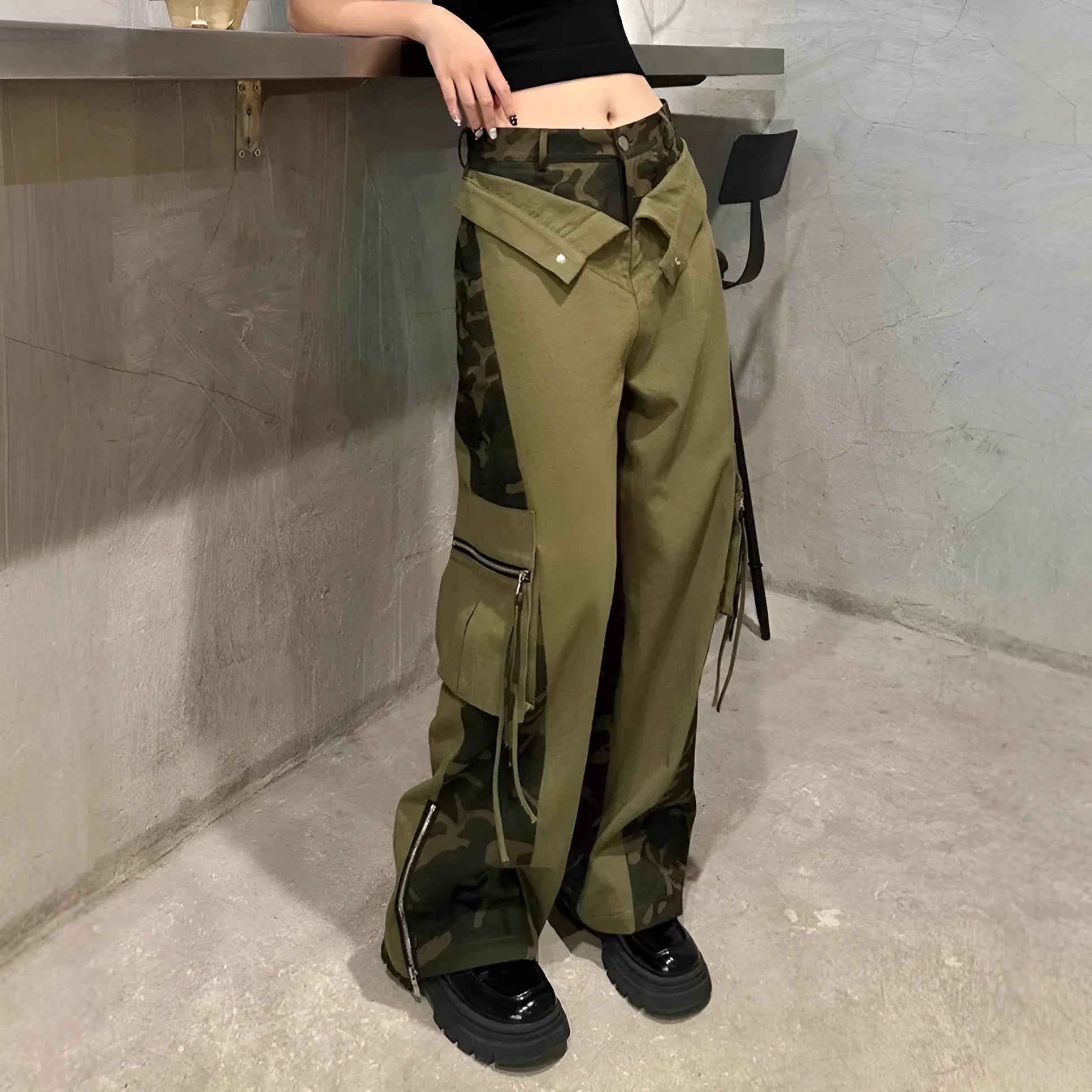 Retro high waist straight-leg jeans with leopard print tooling details on dark khaki denim