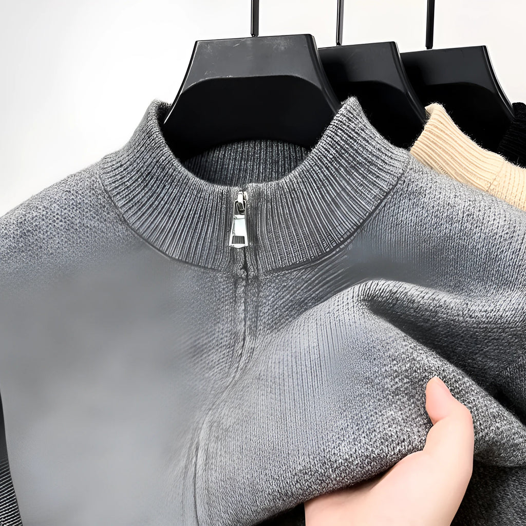 Men's stand collar knitted cardigan with front zipper in loose fit casual style