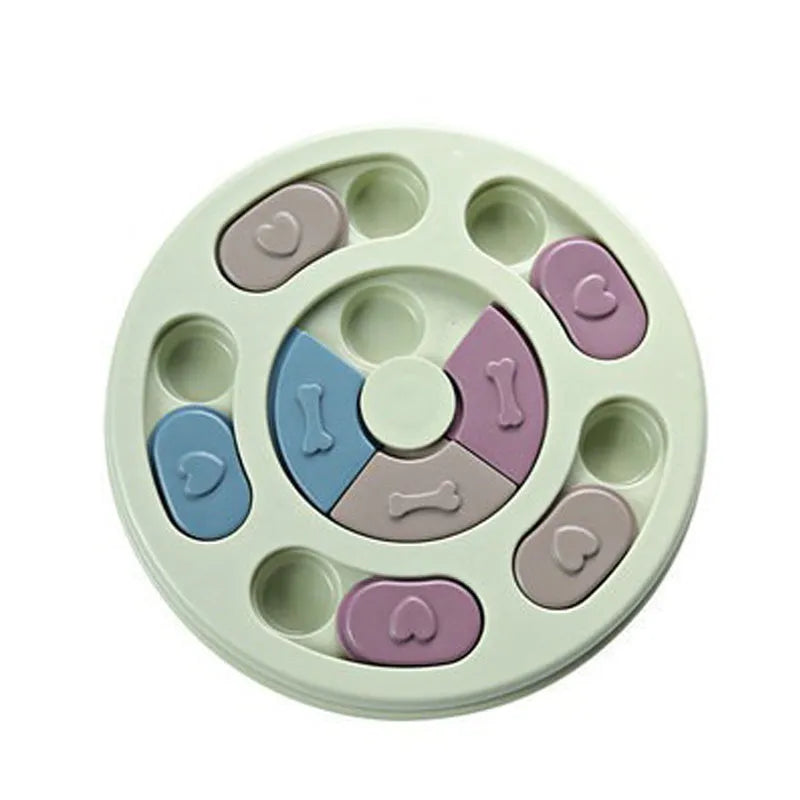 Blue dog puzzle toy with sliding parts on a wooden floor, suitable for small dogs and cats