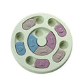 Blue dog puzzle toy with sliding parts on a wooden floor, suitable for small dogs and cats