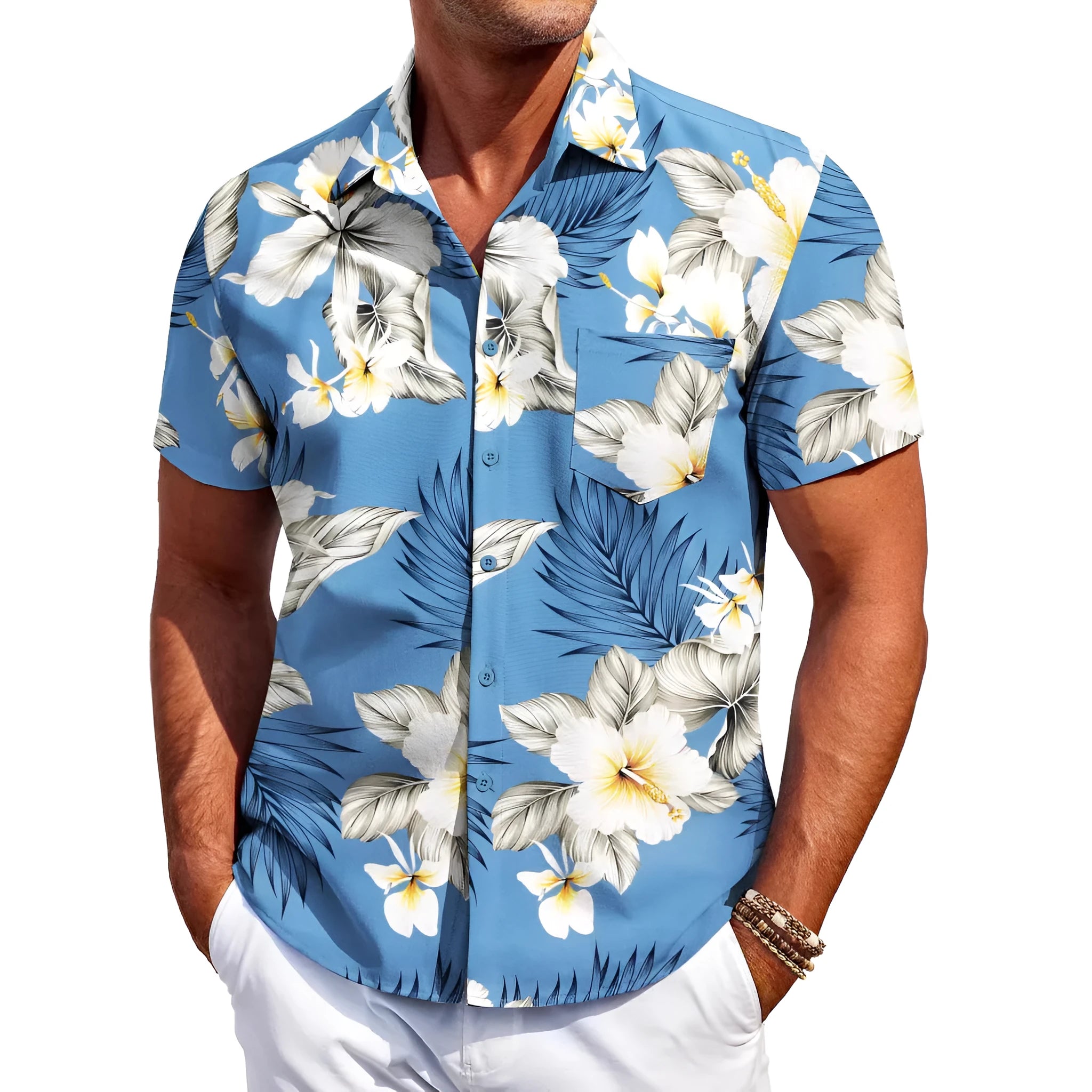A man's slim-fit short-sleeve Hawaiian shirt in a cardigan style, available in multiple colours.