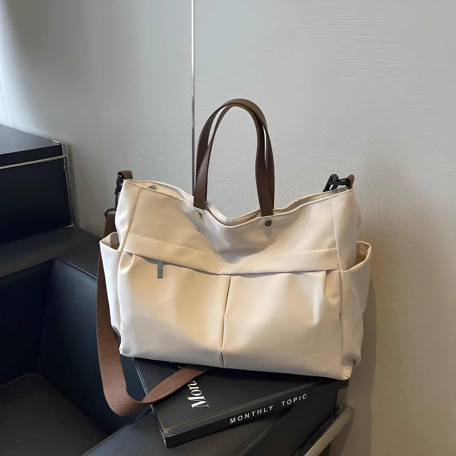Nylon shoulder crossbody tote bag for women, 39x14x28cm, available in black, gray, milky white, green