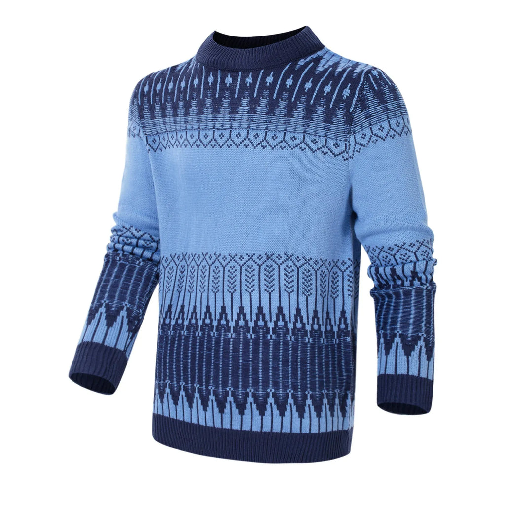 Man wearing a grey knitted crew neck pullover sweater with long sleeves.