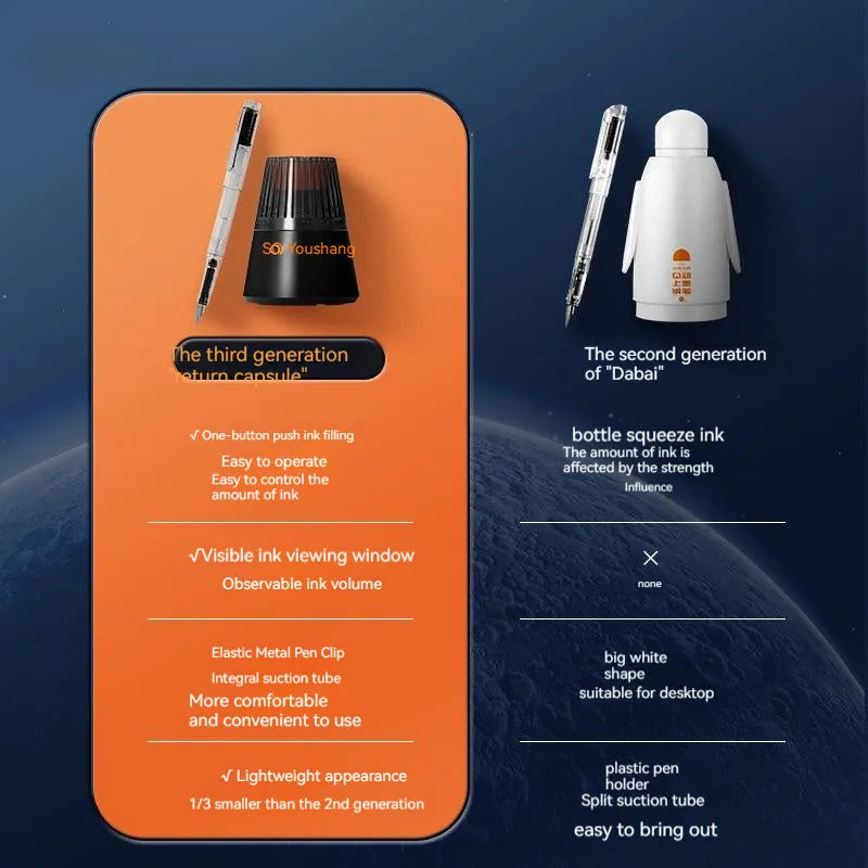 Student automatic suction pen set with 0.5mm and 0.38mm tip options and 40ml ink feeder