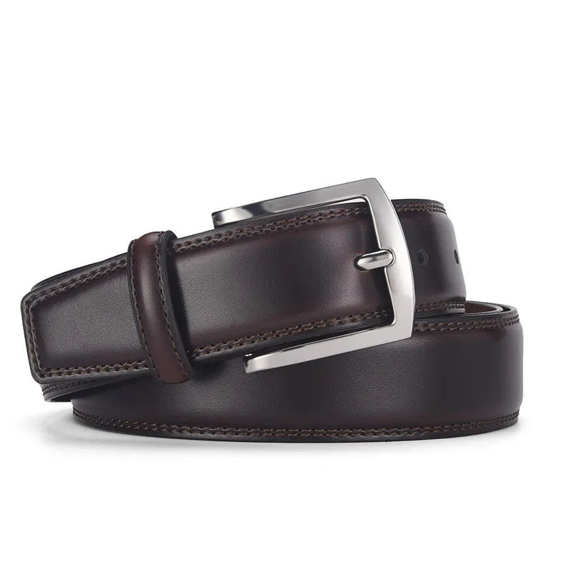 Men's classic black leather belt with a silver alloy pin buckle on a white background