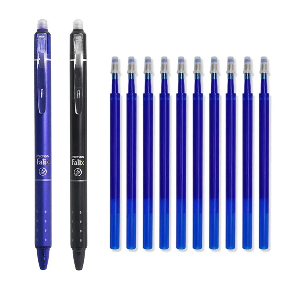 Blue and black erasable push gel pen with 0.5mm stainless steel nib for school use