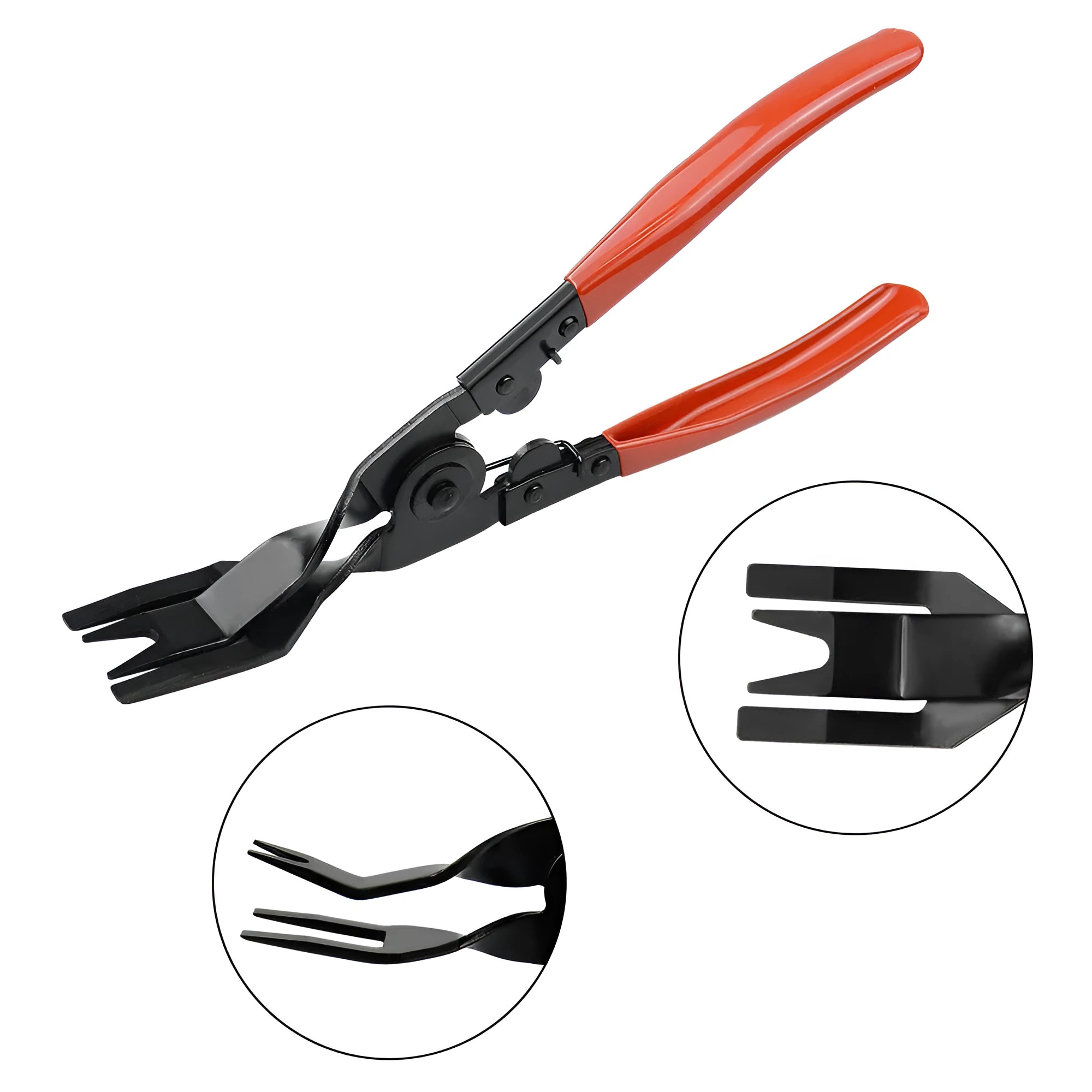Red handled automotive door panel clip removal tool for General Motors vehicles