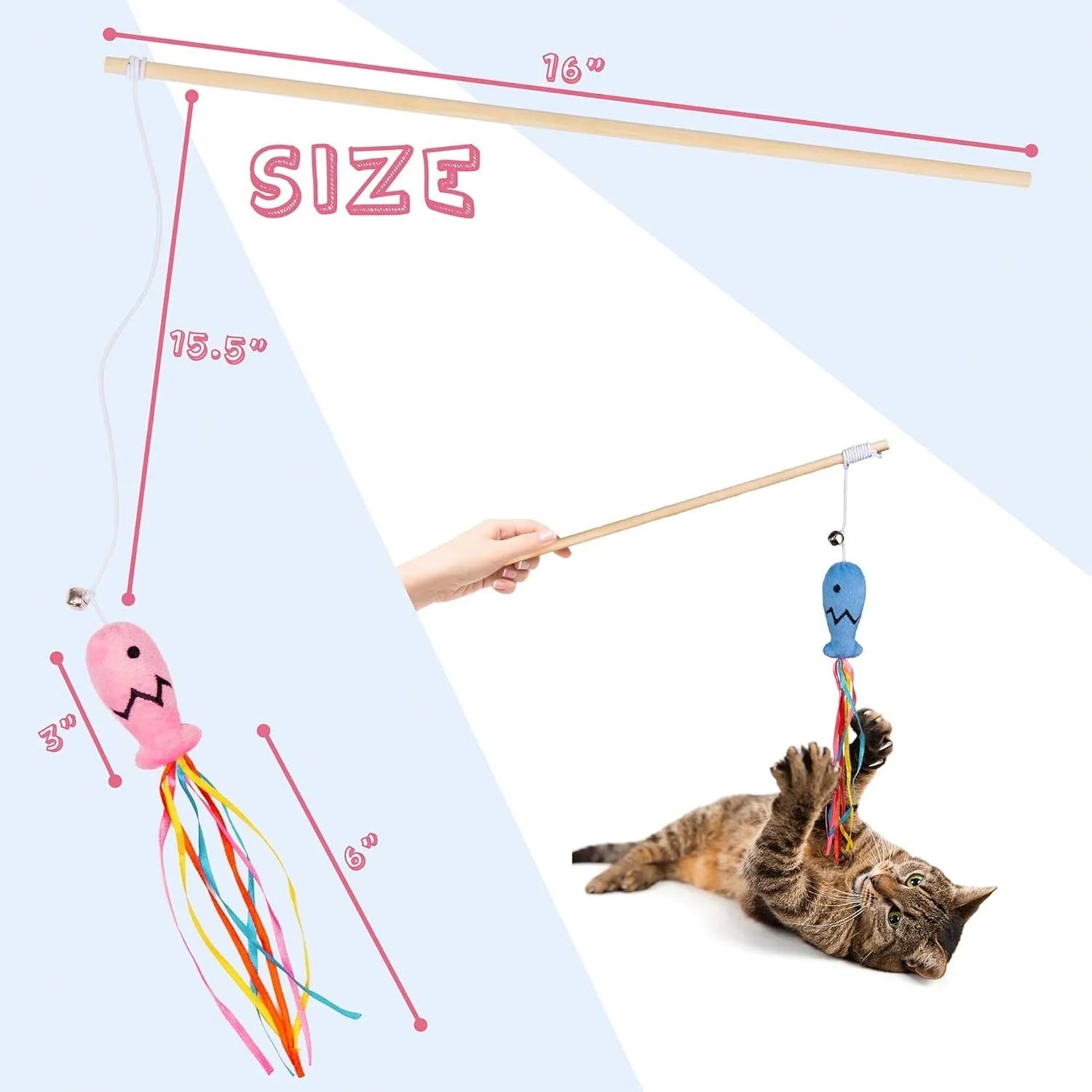 Cat wand toy with wooden handle and colourful ribbon, catnip fish, and bell attachments
