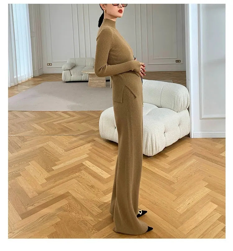 Women's apricot knitted wide-leg pants, sweater and cardigan three-piece set with leather stitching detail.