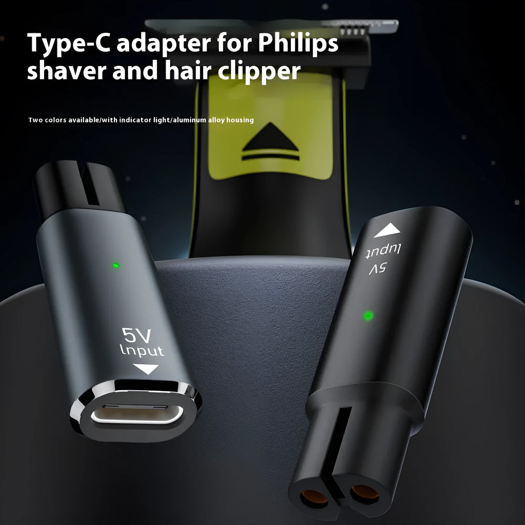 Black or grey aluminium alloy USB-C charging adapter for 4.3V electric shavers and clippers