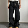 Black retro-style loose wide-leg straight-leg jeans on a hanger, showing mid-waist and zip fly.