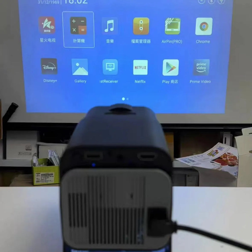 Home projector with wireless capability and screen handle for gaming and entertainment projection