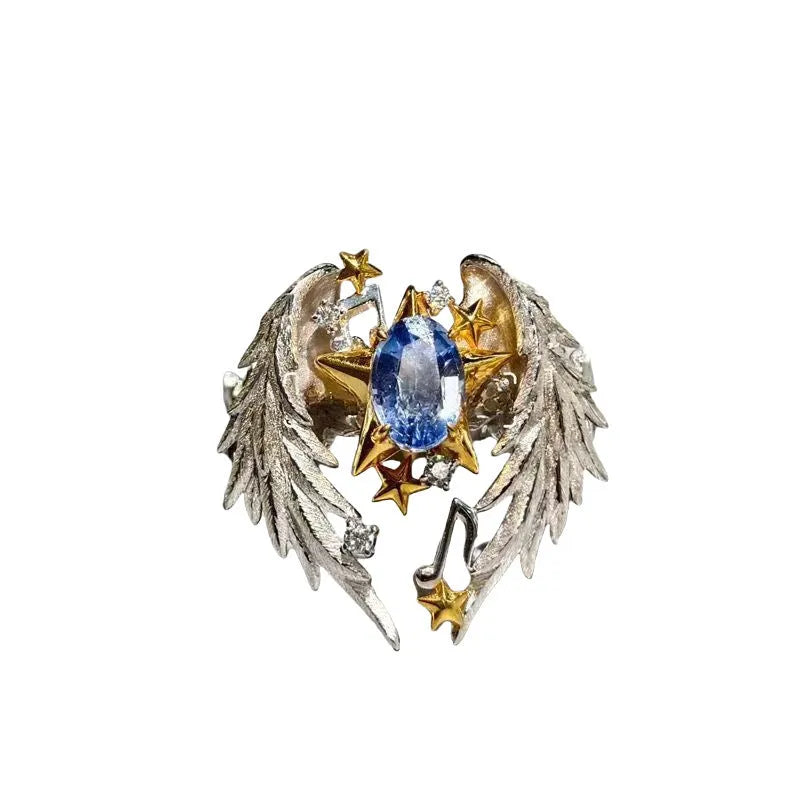 Angel Wings adjustable open mouth alloy ring with geometric design and oiling treatment finish