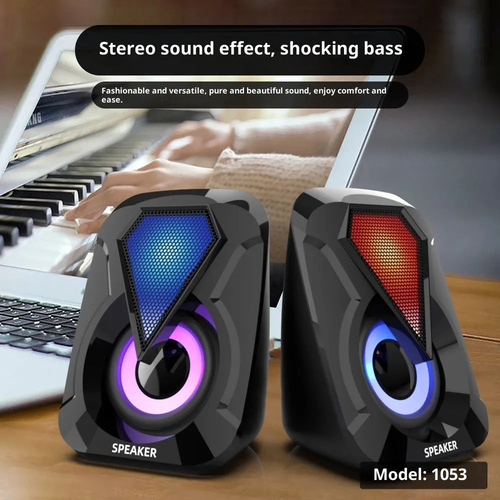 Two plastic-shell USB-powered desktop mini speakers for computer audio, 2.0 channel set