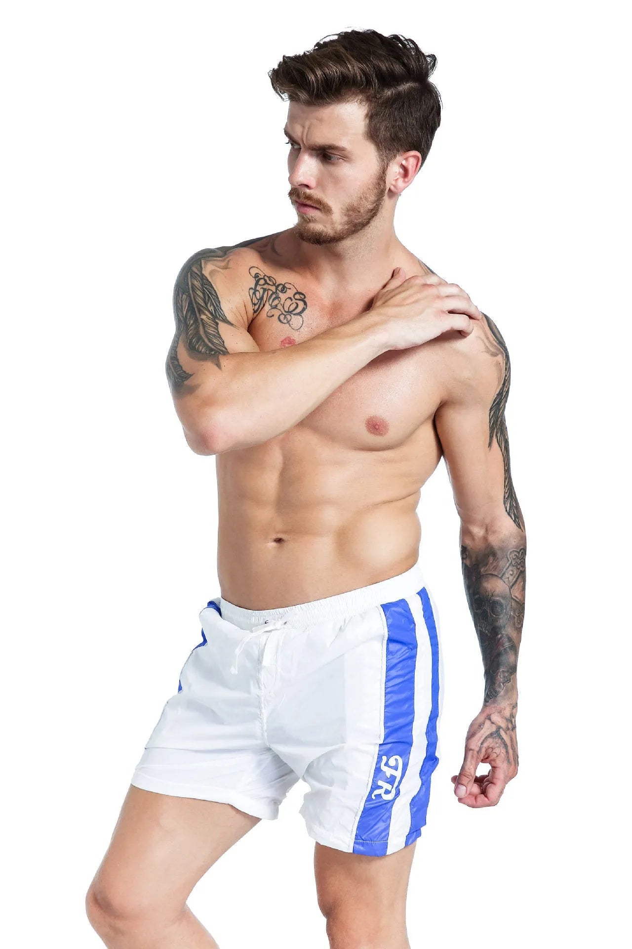 Men's blue elastic sports shorts with lace-up front and slim fit design