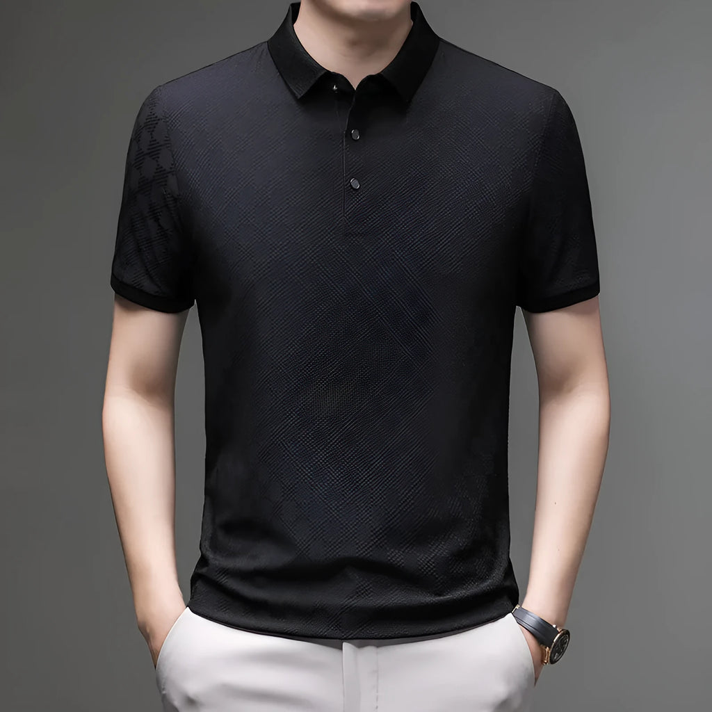 Rhombus brand thin ice silk short sleeve t-shirt in black, shown with a slit style detail.