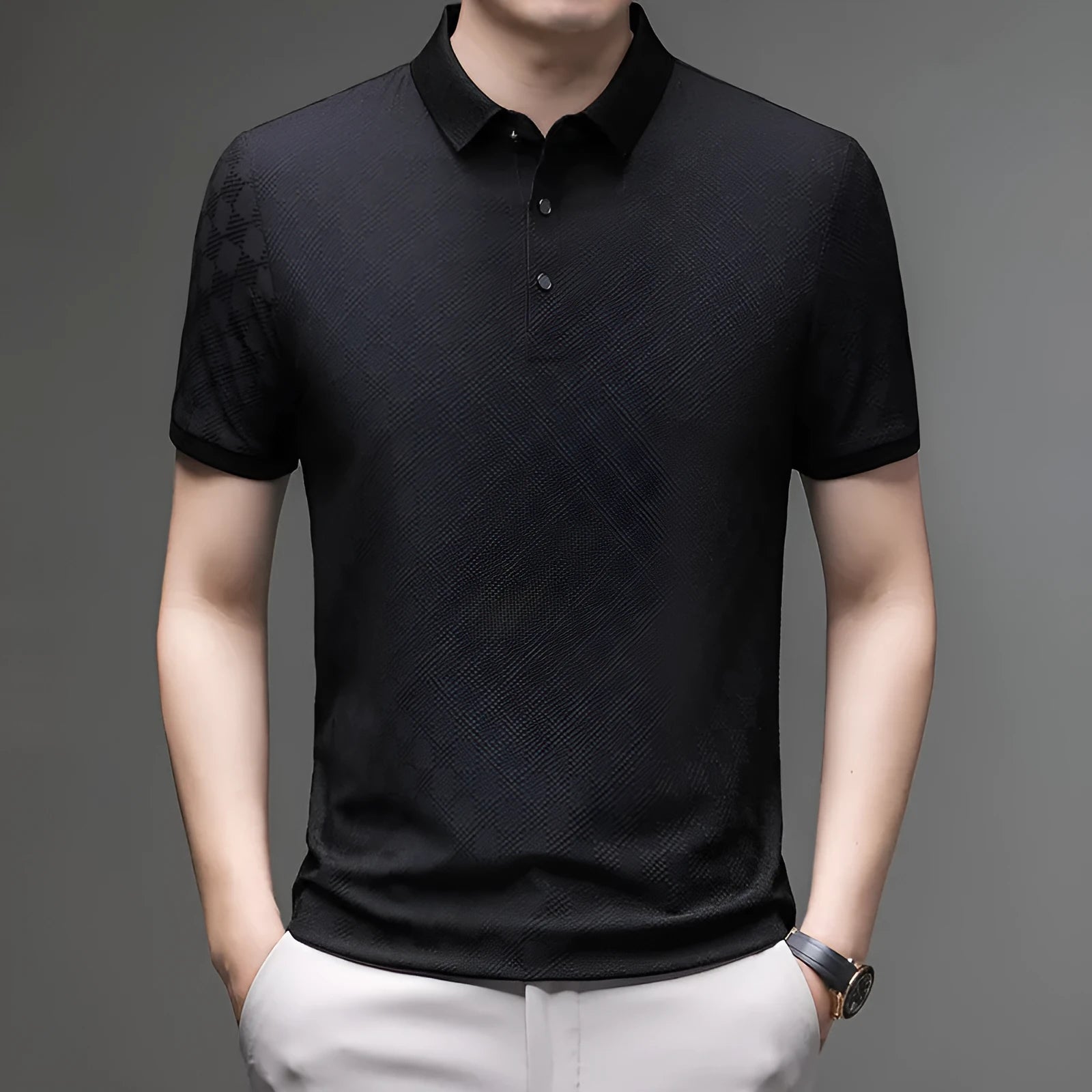 Rhombus brand thin ice silk short sleeve t-shirt in black, shown with a slit style detail.