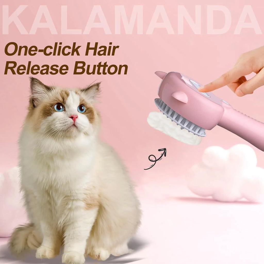 Blue cat ear-shaped steam brush with rubber bristles and release button for pet grooming