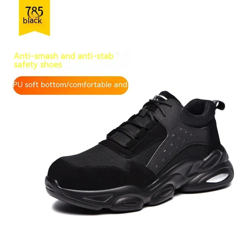 Mesh breathable labour insurance safety shoes with PU soft sole in black, grey, and beige colour options