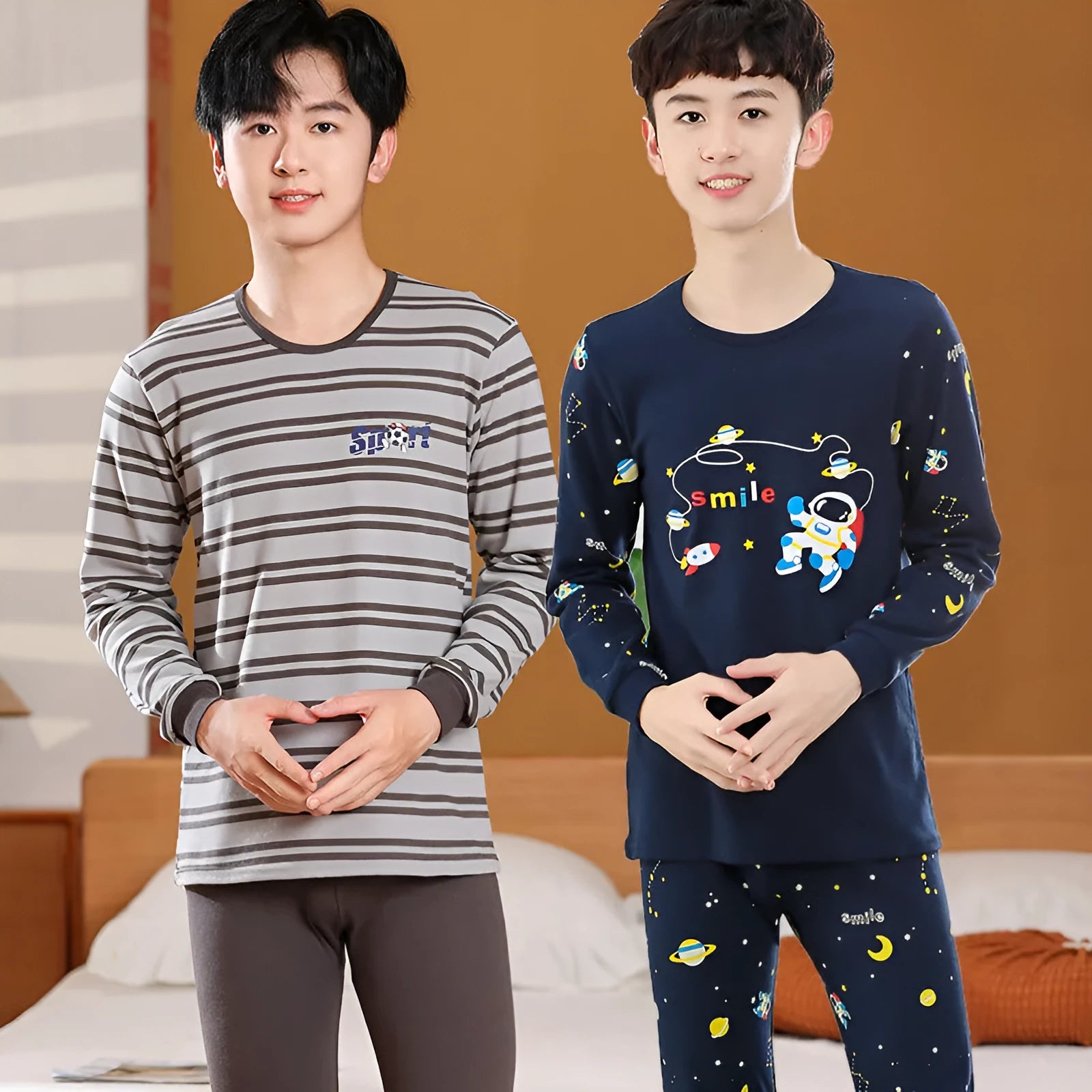 Cotton children's pyjama set top and trousers, blue screen cat pattern, suitable for boys and teens 130-177cm