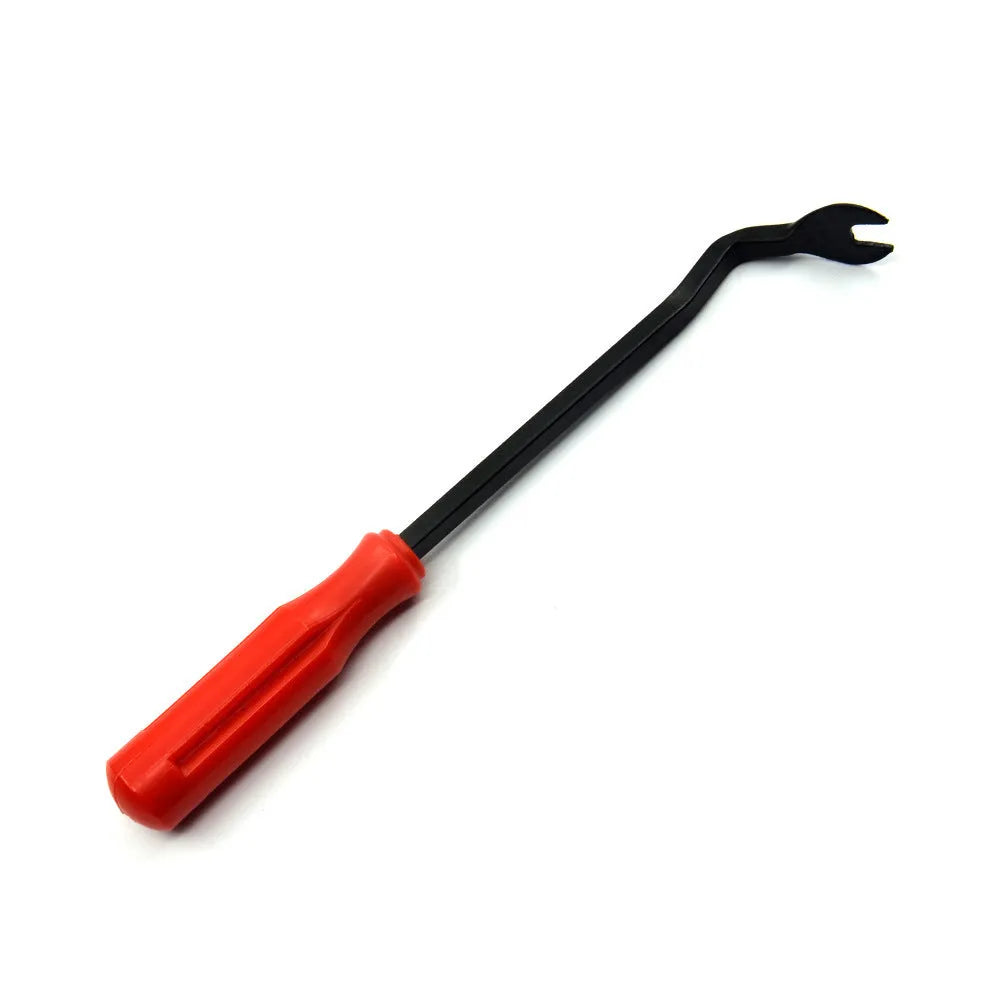 Red handled automotive door panel clip removal tool for General Motors vehicles