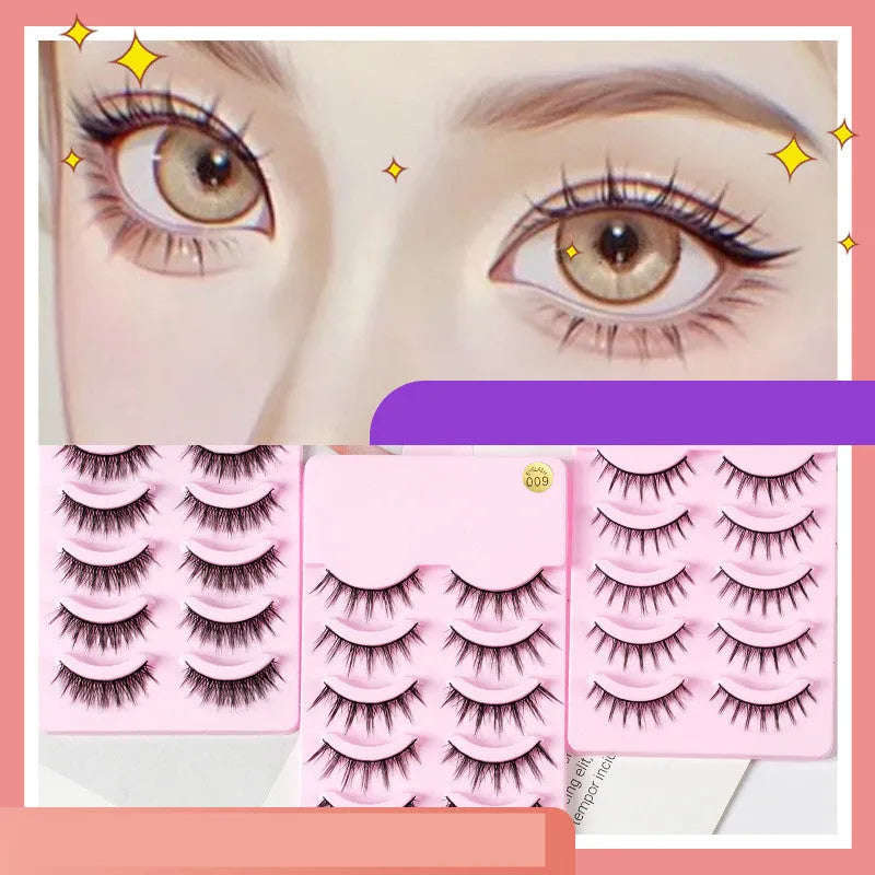 Set of manga style false eyelashes showing natural slim length styles 007, 008, and 009 on black plastic bands.