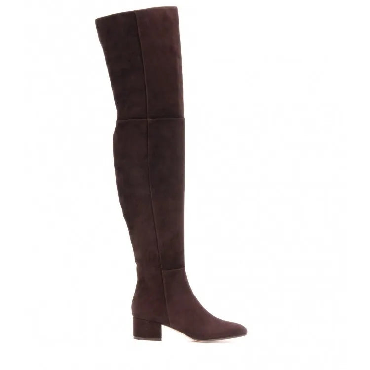 Women's grey suede over-the-knee flat boots with pointed toe and low block heel
