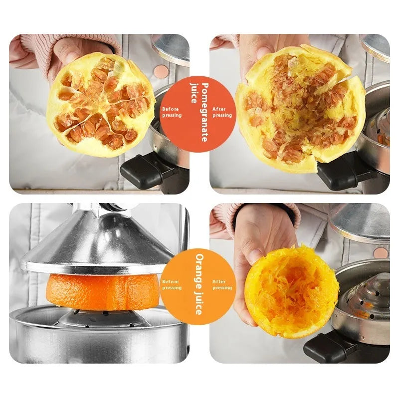 Black cast iron manual citrus juicer with stainless steel cone and lever, 40cm tall on a table.