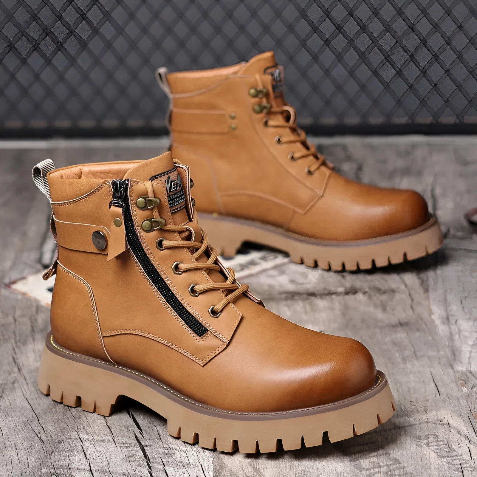Men's brown leather high-top boots with side zipper and mid heel for height increase