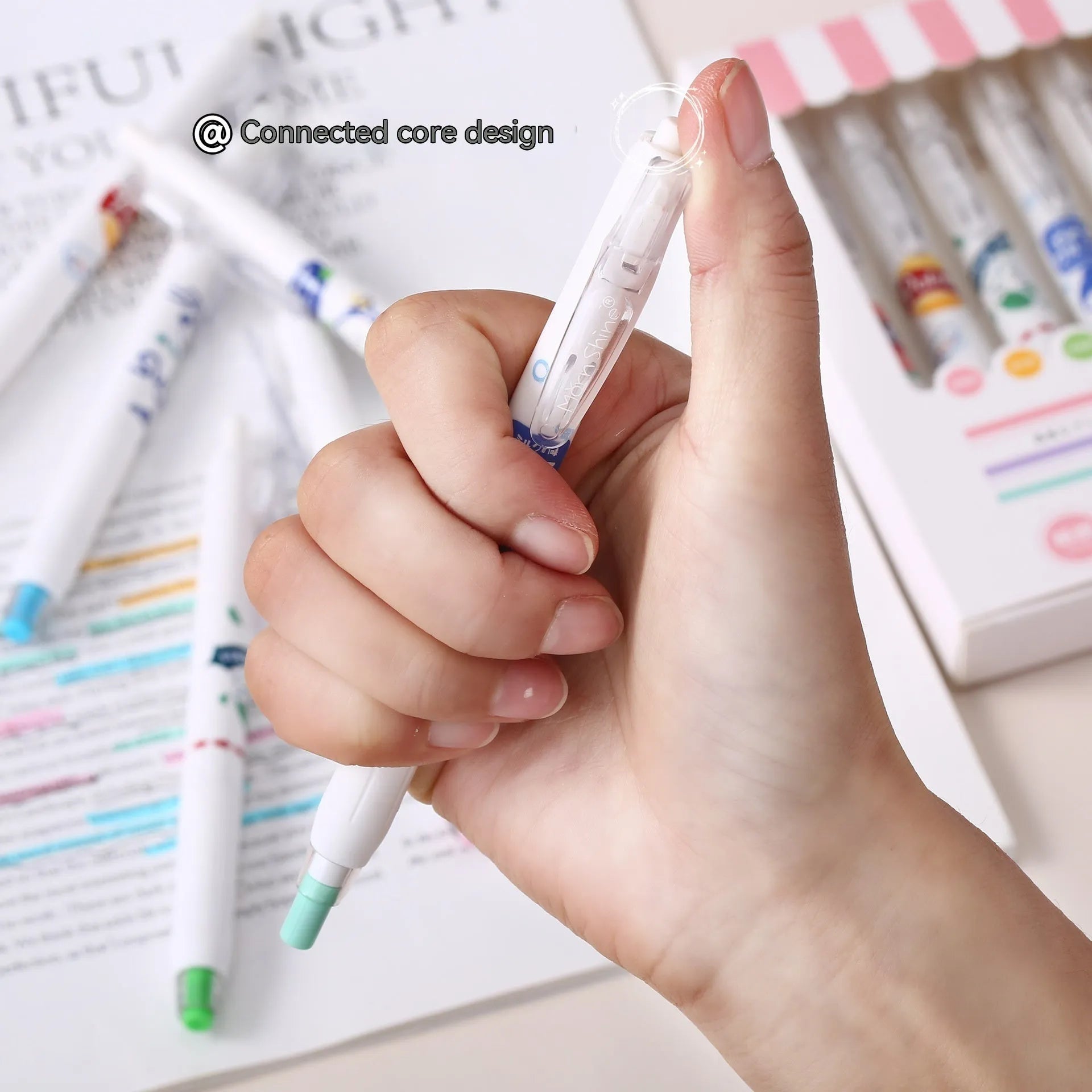 Fluorescent pen snacks 6 pack highlighter set with oblique head in plastic shell boxed packing