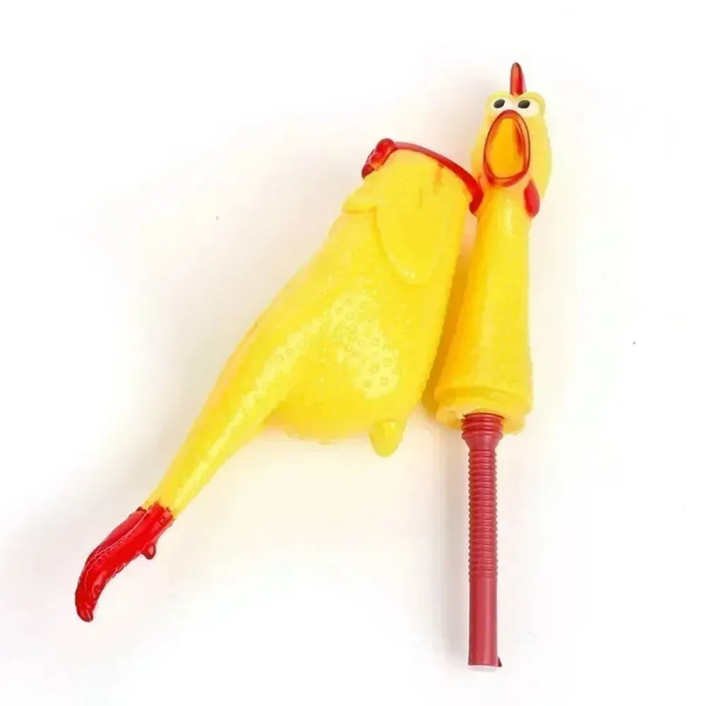 Yellow rubber screaming chicken dog toy in three sizes for chew and play
