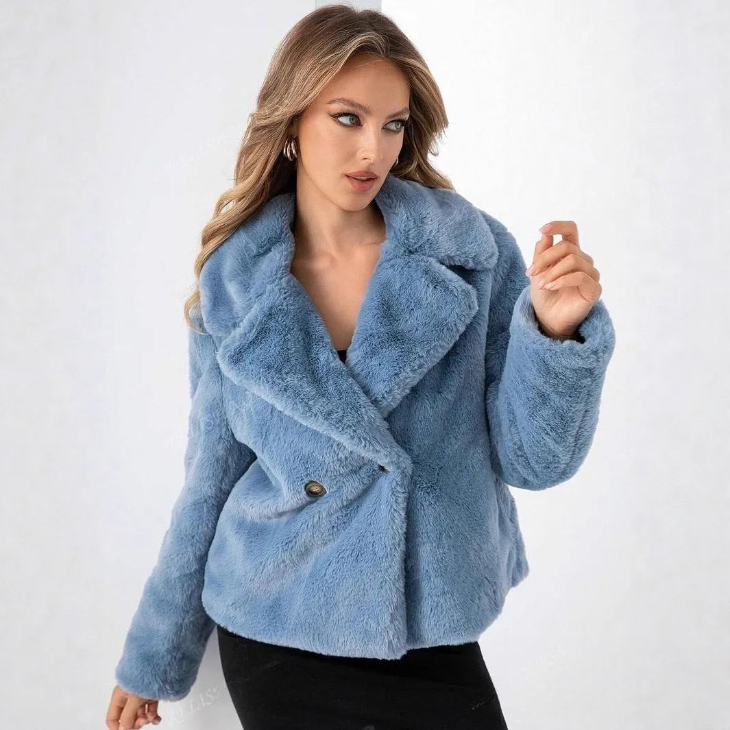 Women's rose red loose short faux fur coat with regular sleeves on a hanger.