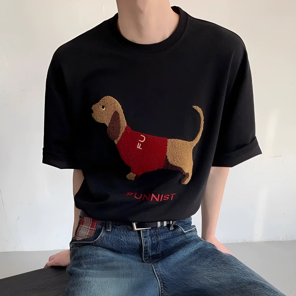 Grey men's t-shirt with an embroidered sausage dog design on the front.