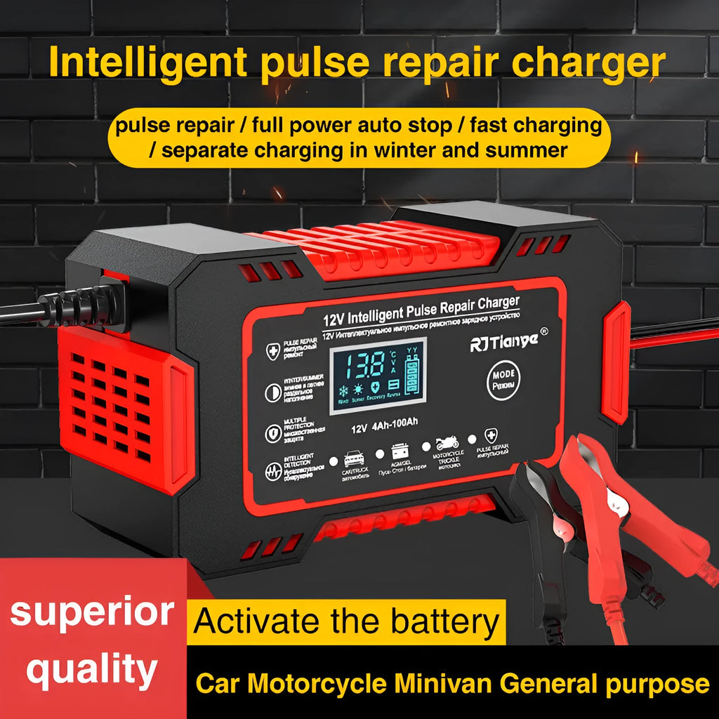 Red US standard car battery charger for lead acid batteries with on-screen display, 213x110x64mm