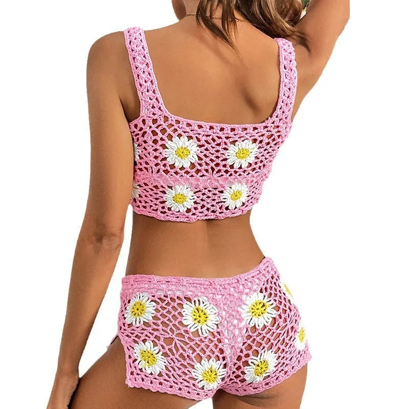 Light green floral pattern hollow yarn swimsuit bikini set with vest top and matching pants