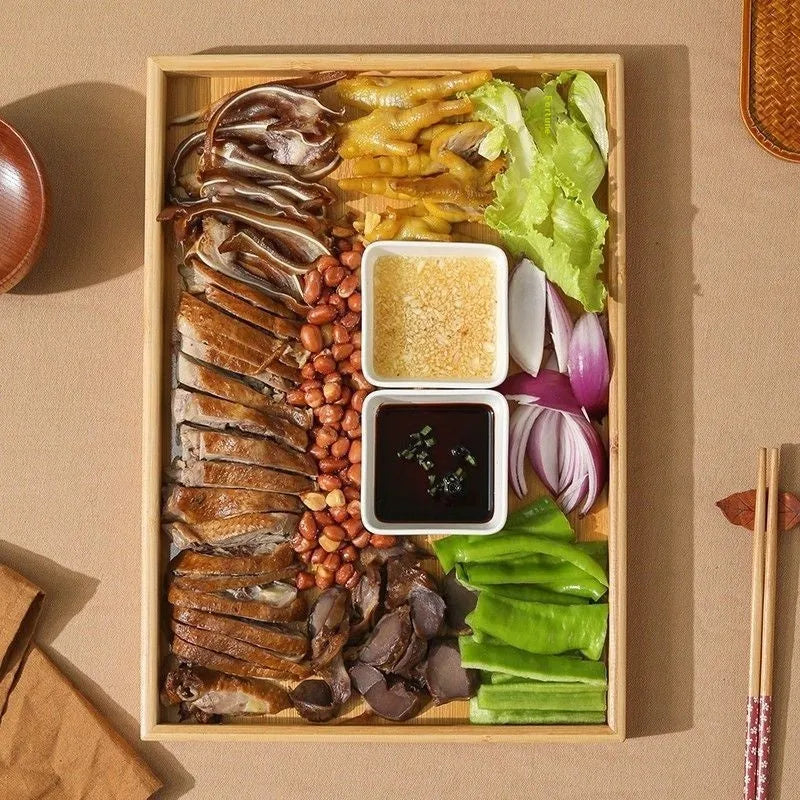 Square bamboo barbecue plate tray with brown handle for hotel and café dining service