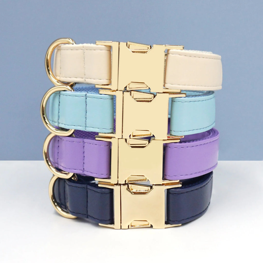 Simple colour block leather dog collar shown in caramel colour on a white background.