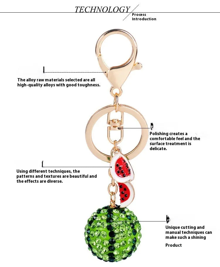 Green watermelon shaped zinc alloy keychain with diamond detailing measuring 12cm length