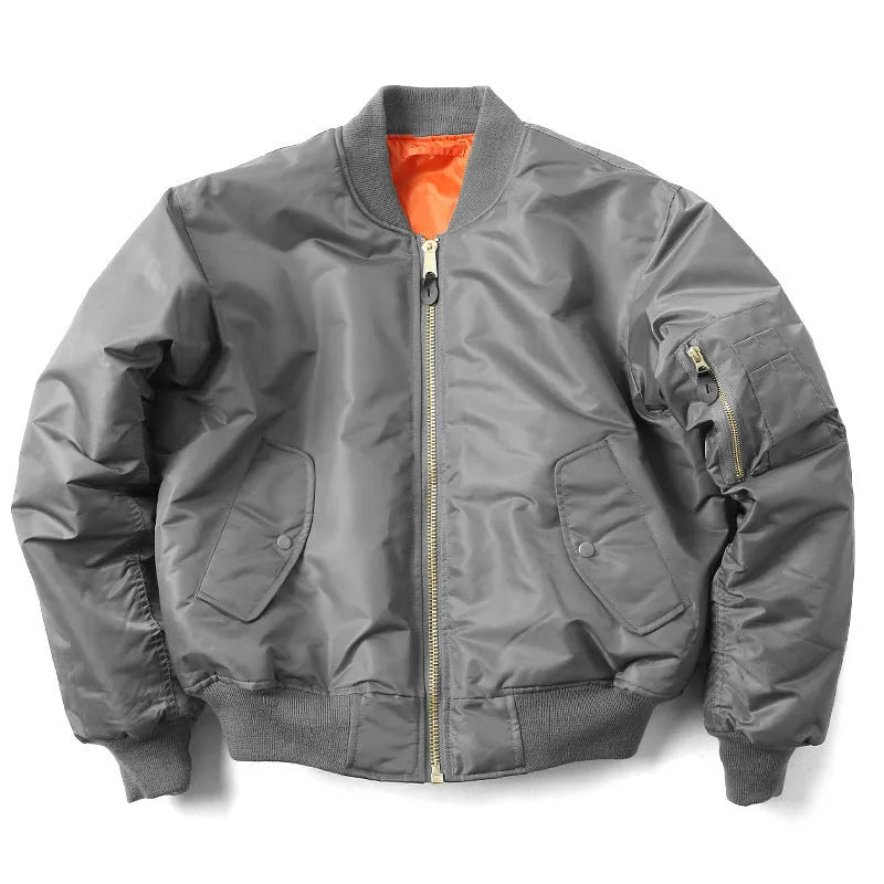 Men's loose fit nylon pilot jacket in army green, shown with cotton padding and double-sided wear-resistant construction.