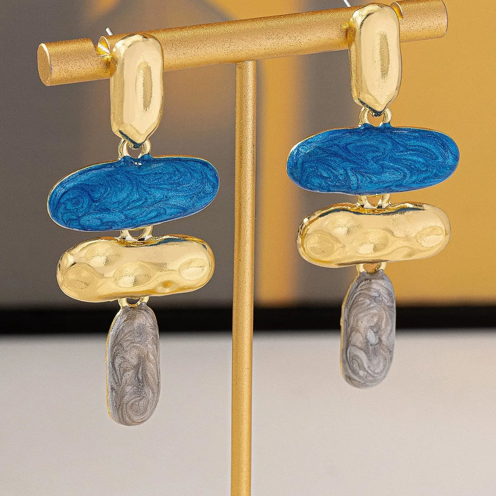 Geometric stud earrings with multicolour electroplating on zinc alloy
