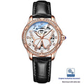 Butterfly dial diamond-embedded women's automatic mechanical watch with genuine leather strap and pin buckle on a white background