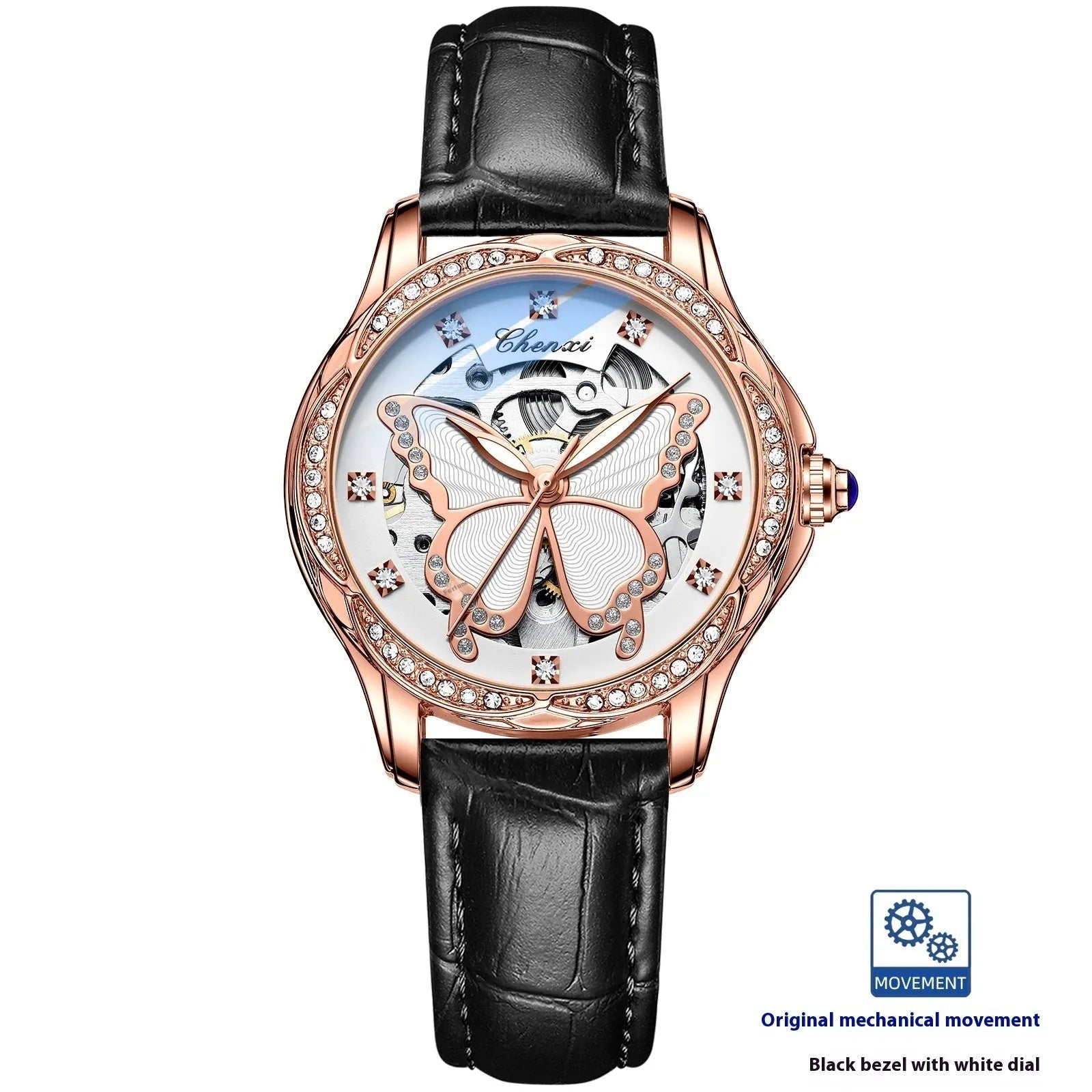 Butterfly dial diamond-embedded women's automatic mechanical watch with genuine leather strap and pin buckle on a white background