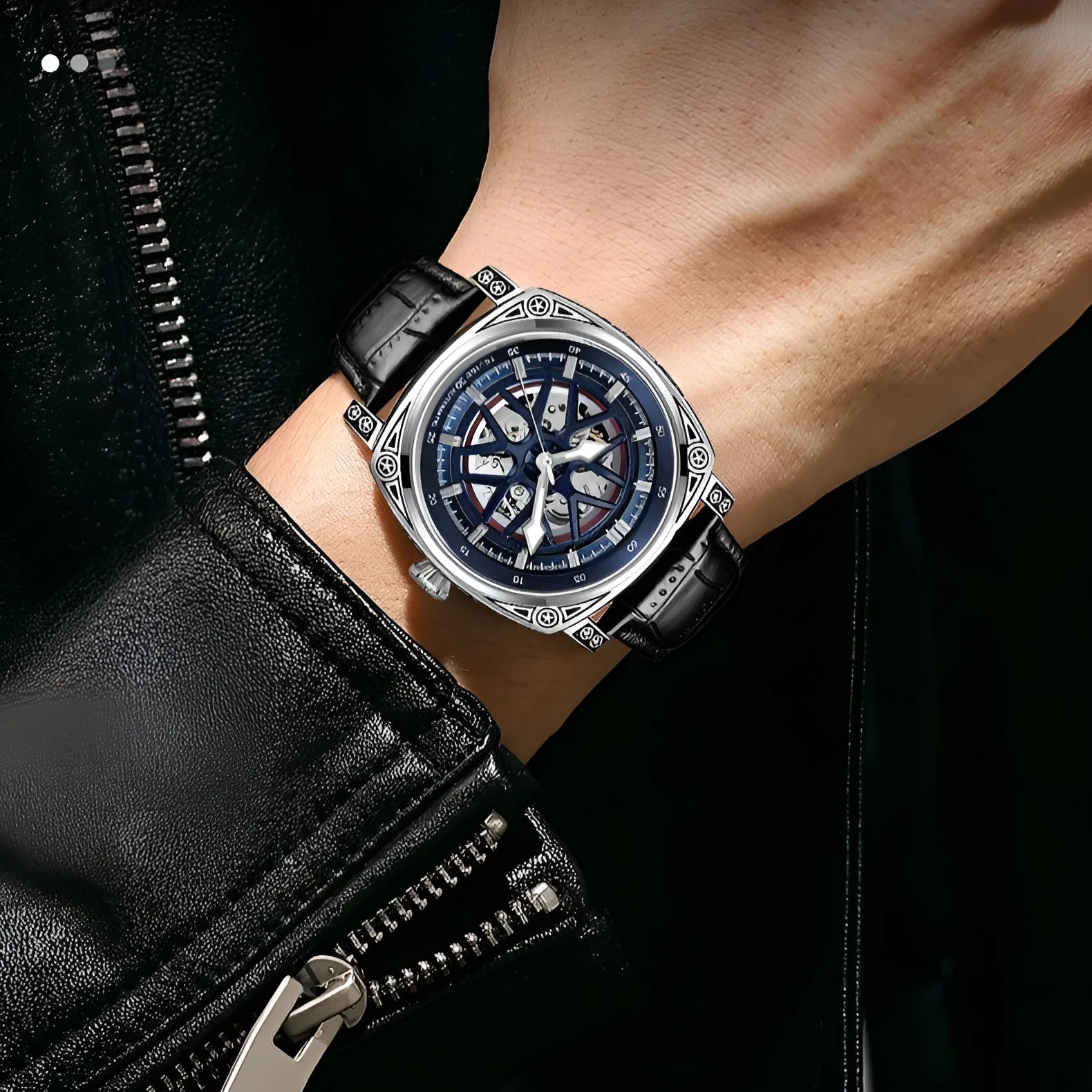 Men's stainless steel automatic mechanical watch with leather strap in multiple colour options
