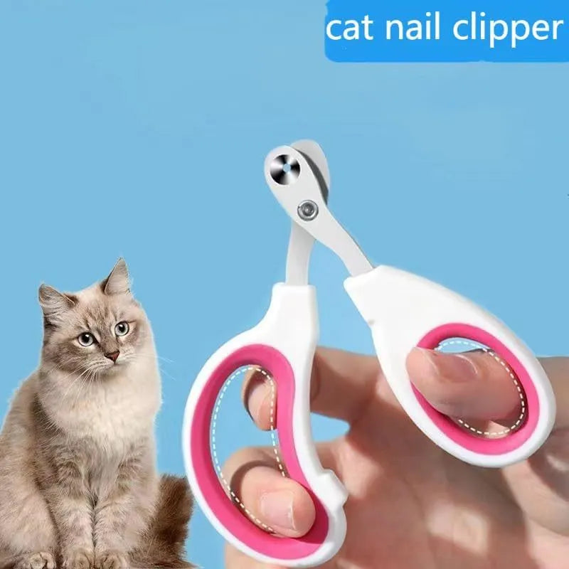 Blue cat nail clippers with circular cutting hole and cushioned non-slip handles on a white background.