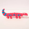 Green cartoon lizard shaped dog chew toy with squeaker on a white background.