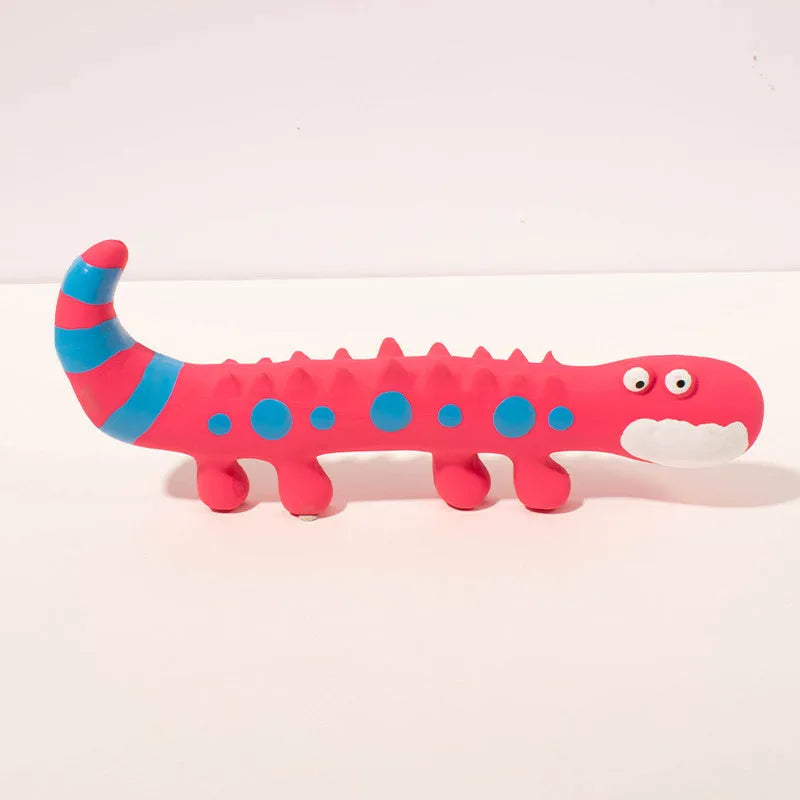 Green cartoon lizard shaped dog chew toy with squeaker on a white background.