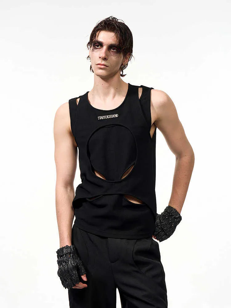 Men's black sleeveless waistcoat vest with hollow thread summer design