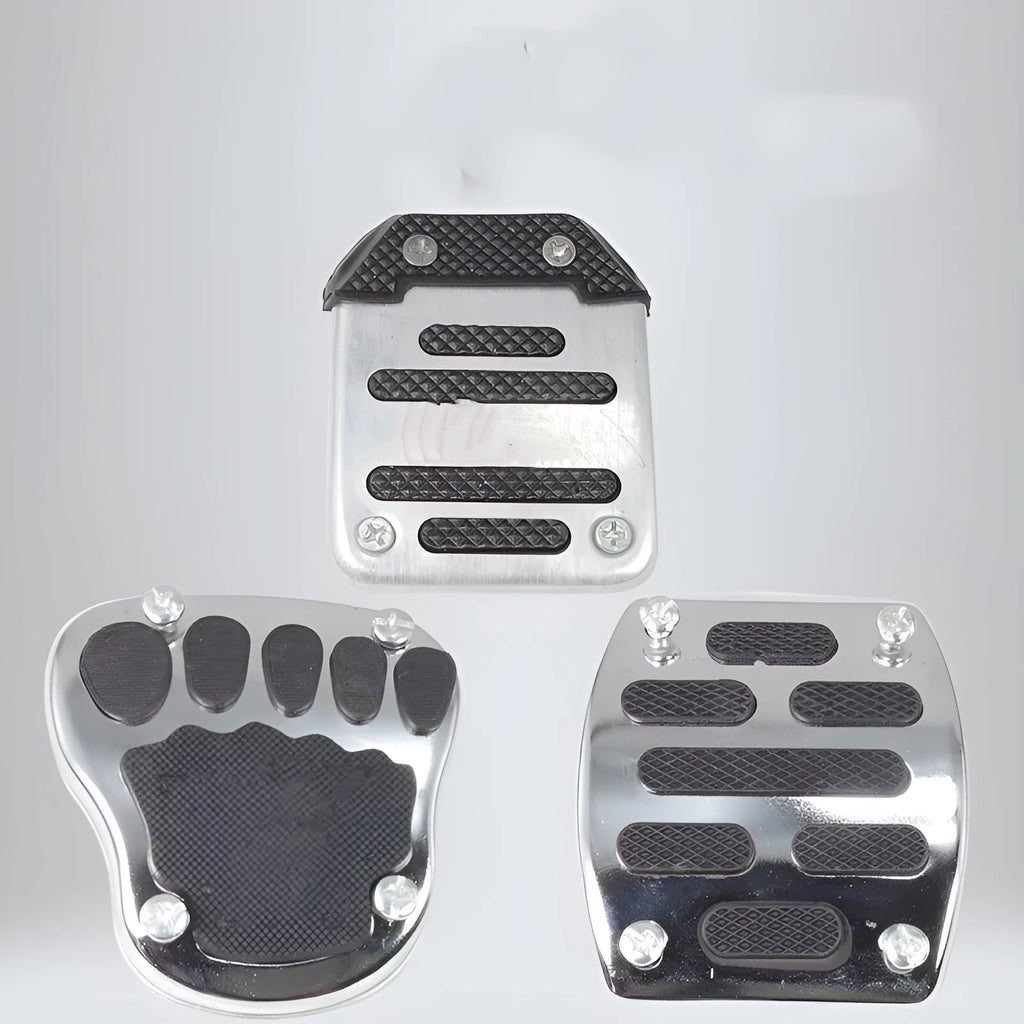 Metal motorcycle brake pedal skid plate showing three style options for universal fit