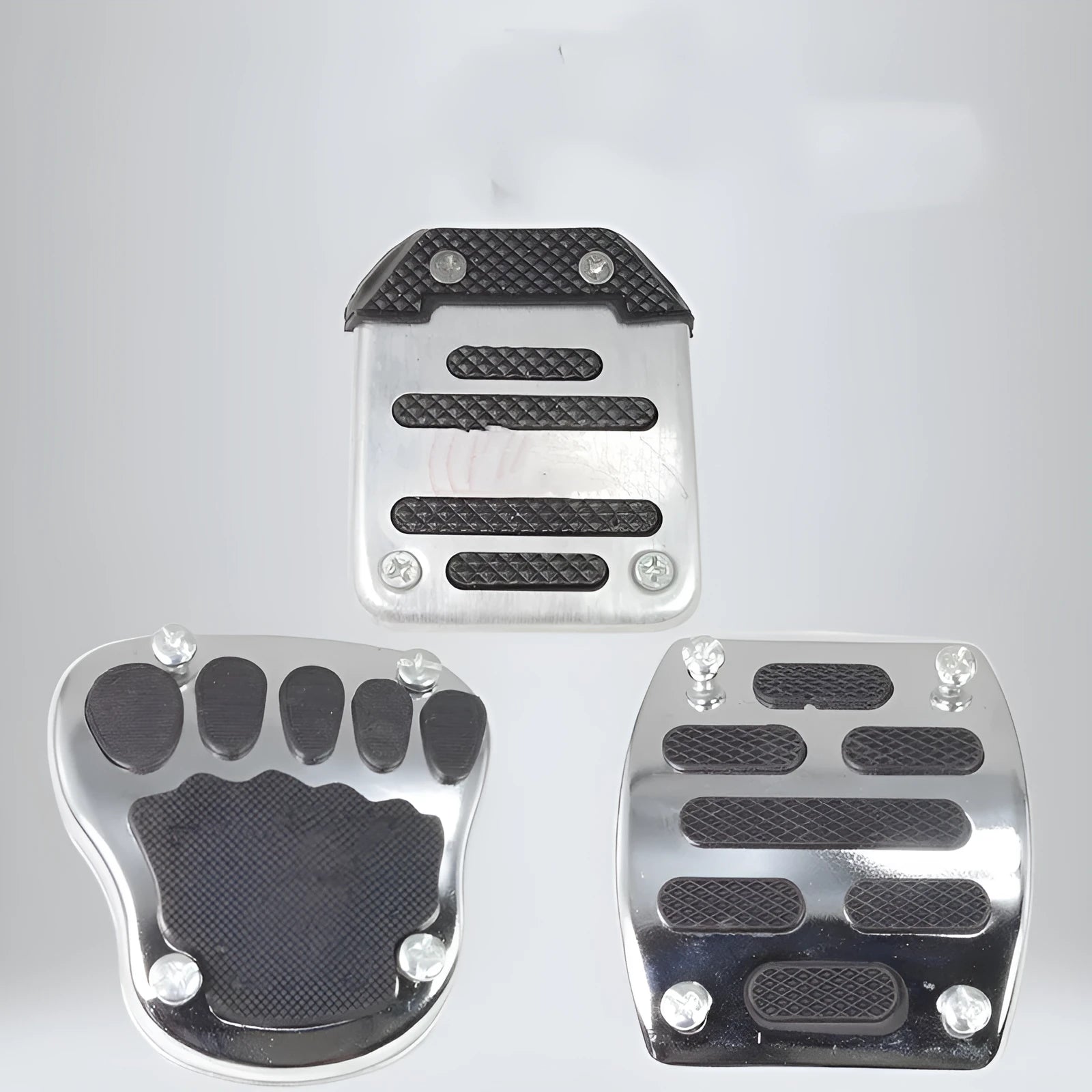Metal motorcycle brake pedal skid plate showing three style options for universal fit