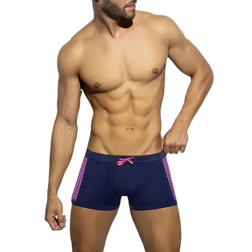 Polka dot print swimming boxers in black, dark blue, or yellow with ribbon or strap cup detailing